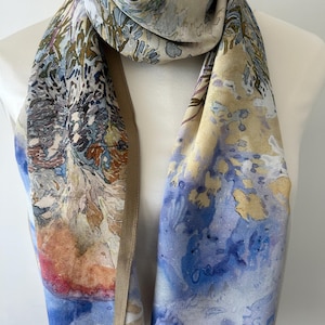 100% Silk Crepe de Chine 57&quot; x 14&quot; Small Long Silk Scarf Purple Multicolor Painting Design Neck Scarf Hair Scarf Gift for Her