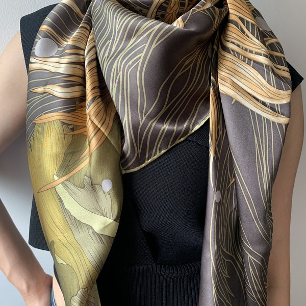 Pure Natural Mulberry Silk Large Scarf 43" x 43" Green Golden Fish Colorful Floral Silk Neck Scarf Head Scarf Silk Hair Wrap Silk Shawl Gift