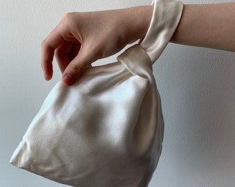 Custom Hand Made Silk Set White Knot Bag Wrist Bag with Silk Narrow Scarf Hair Tie Silk Scrunchie Natural Mulberry Silk Scarf Gift