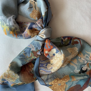 Silk Crepe de Chine Scarf: Oriental Fairies Art, Colorful Neck Scarf (57&quot; x 14&quot;)