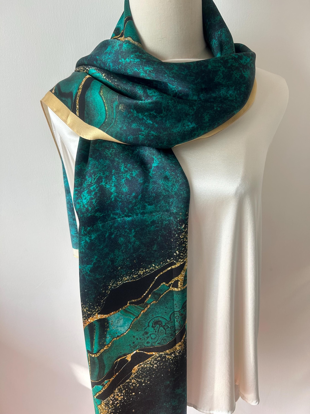 Mulberry Silk Scarf: Emerald Teal Green & Gold Shawl (68 display picture 3