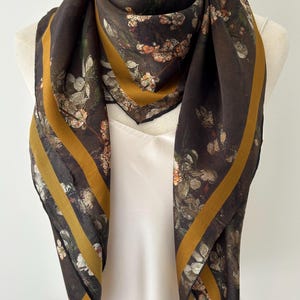 Mulberry Silk Scarf: Floral Oil Painting Style, Large Square Shawl (43"x43")
