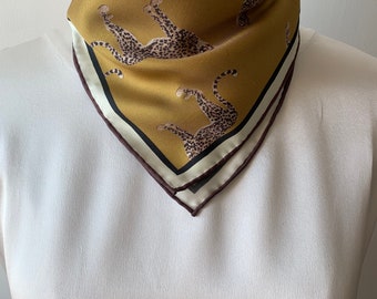 100% Silk Twill Scarf 26" x 26" Leopard Print Golden Silk Neckerchief Silk Headband Silk Hair Scarf Silk Scarf Gift