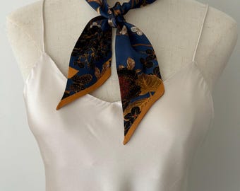 Mulberry Silk Skinny Scarf: Blue Rose Gold Floral Bird 33”x2” Short