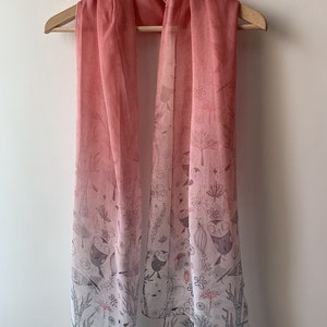 100% Natural Mulberry Silk Chiffon Scarf 71&quot; x 28&quot; Soft Light Weight Owls Print Gradient Neck Scarf Red Chiffon Scarf Gift for Her