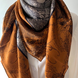 100% Natural Mulberry Silk 43&quot; x 43&quot; Large Scarf Floral Sketch Fall Silk Neck Scarf Silk Head Scarf Silk Hair Wrap Silk Shawl Scarf Gift