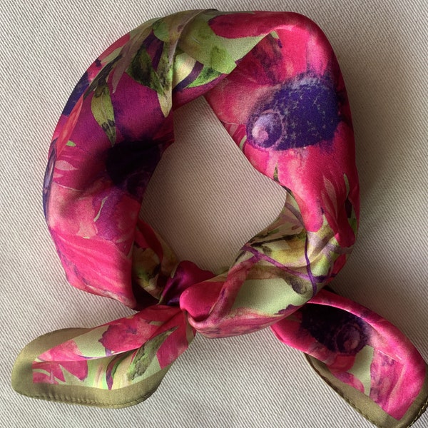 Pure Natural Mulberry Silk Scarf 21" x 21" Small Silk Scarf Fuchsia Vivid Colorful Floral Silk Neckerchief Hair Scarf Bag Silk Scarf Gift