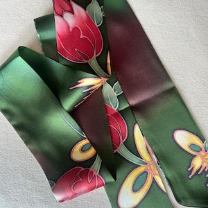 Floral Mulberry Silk Skinny Scarf: Red Green Gradient, 60" x 2.6"