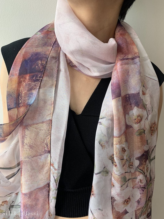 100% Natural Mulberry Silk Scarf: Violet Floral Square Print 
