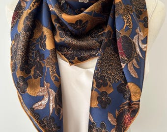Mulberry Silk Scarf: Floral Birds Print, Navy & Rose Gold (43" Square)
