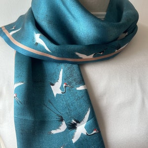 Pure Natural Mulberry Silk Narrow Scarf 59" x 6.6" Song Dynasty Painting China White Cranes Blue Silk Neck Scarf Headband Silk Hair Scarf