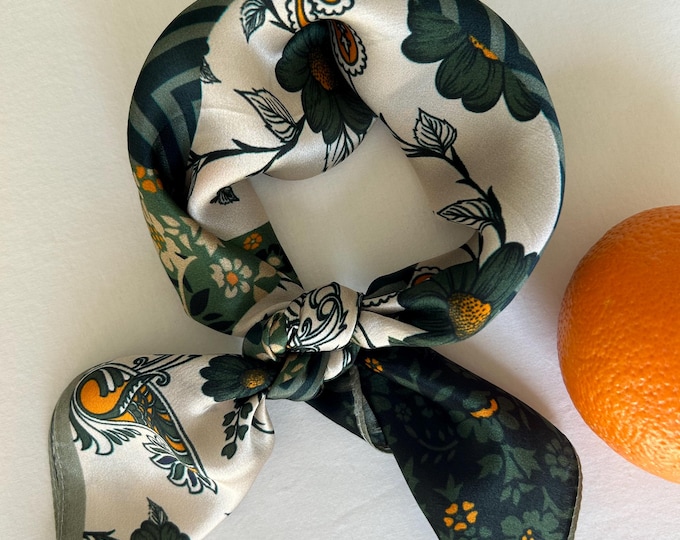 Mulberry Silk Scarf: Green Floral Neckerchief, Hair & Bag Accessory 21”
