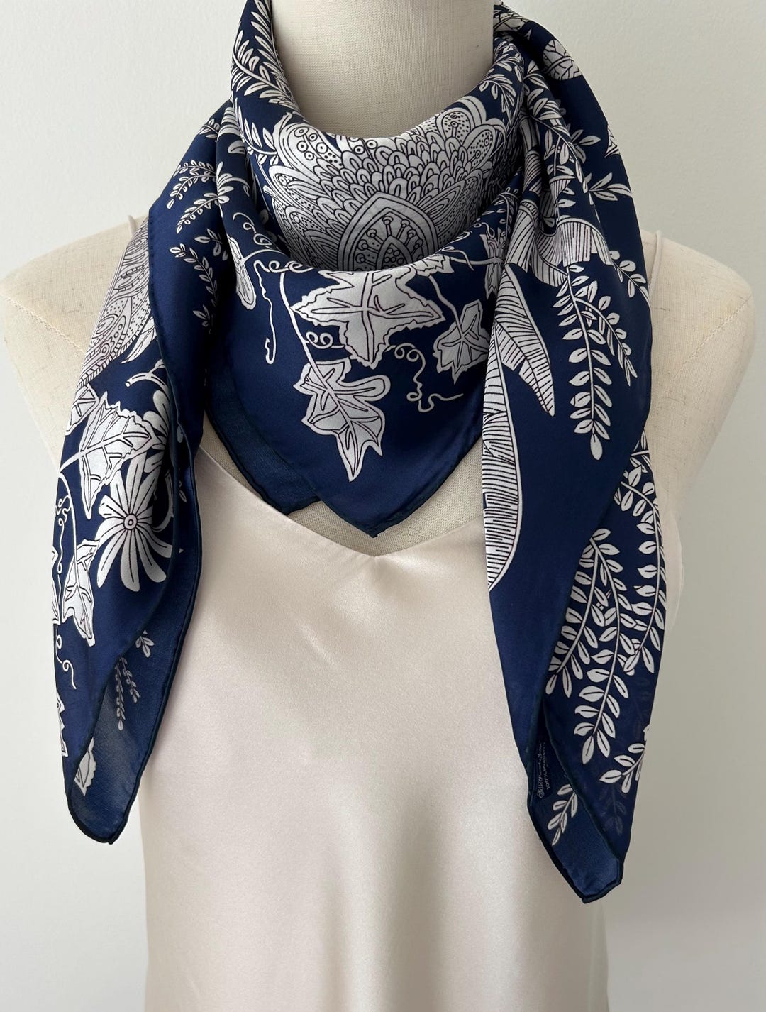 Mulberry Silk Scarf: Navy Blue Floral Sketch, 35