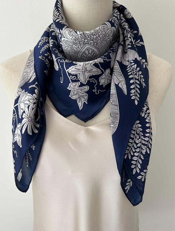 Mulberry Silk Scarf: Navy Blue Floral Sketch, 35