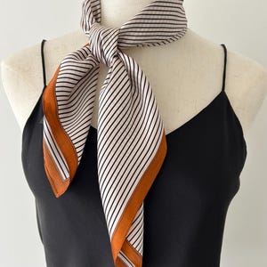 Mulberry Silk Scarf: Beige Striped Burnt Orange Square Neckerchief (26"x26")