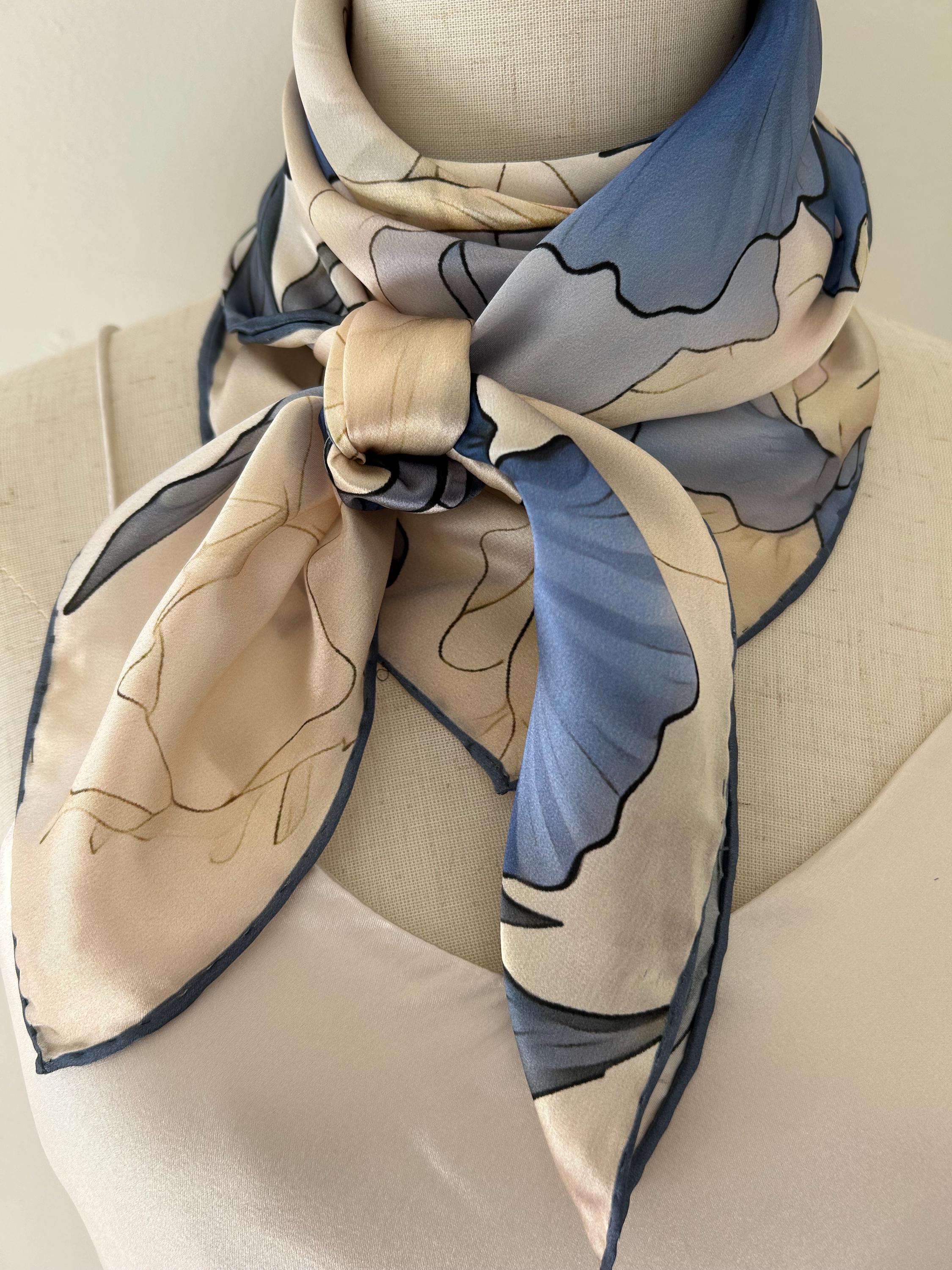 Mulberry Silk Scarf: Blue Floral Neck Scarf, Hair Wrap (35  display picture 3