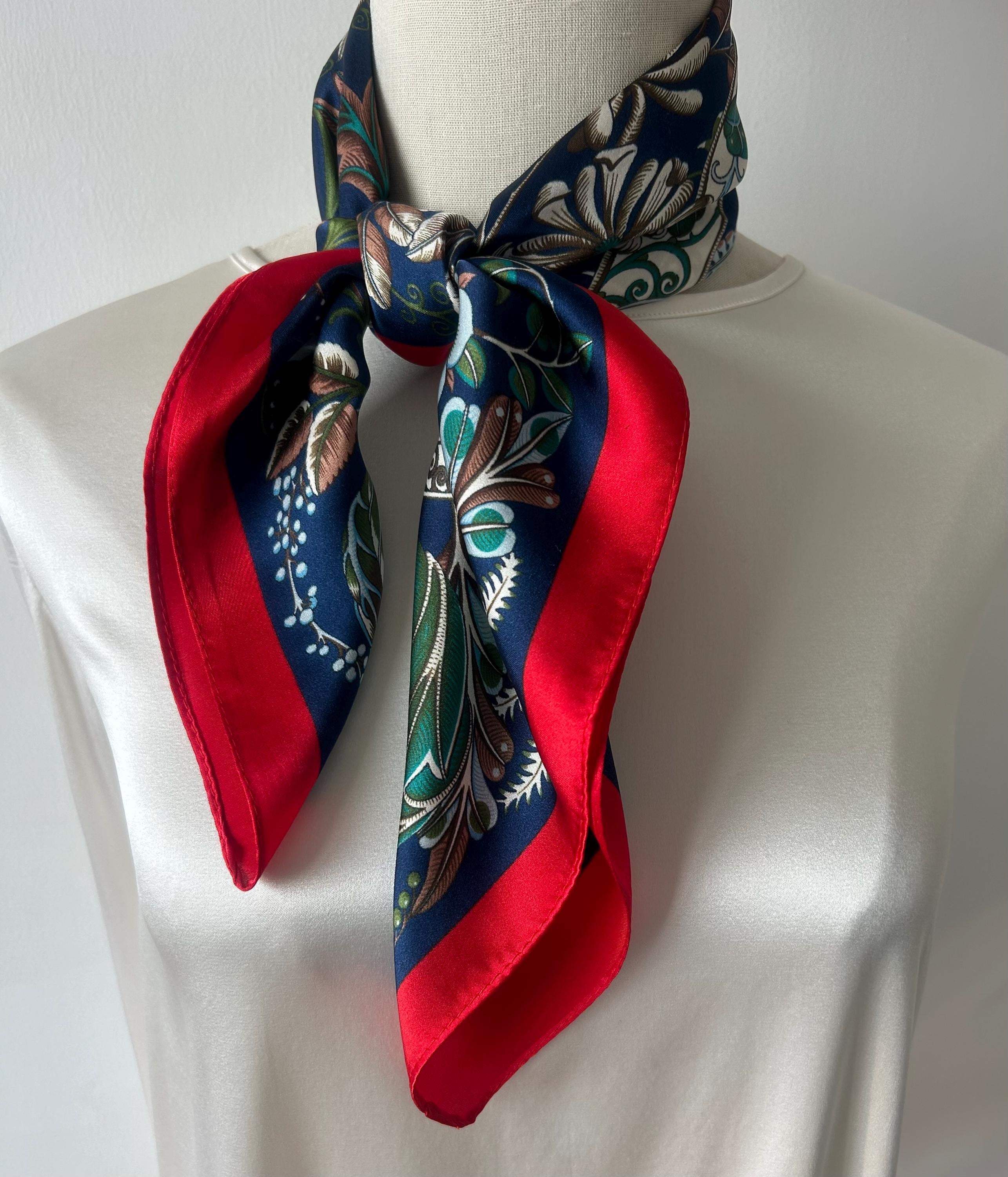 Mulberry Silk Scarf: Floral Print Neckerchief, Red Blue Navy 