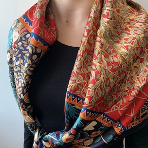 100% Natural Mulberry Silk Scarf 43&quot; x 43&quot; Large Silk Scarf Shawl Colorful Fantasy Tree Neck Scarf Silk Hair Wrap Head Silk Scarf Gift