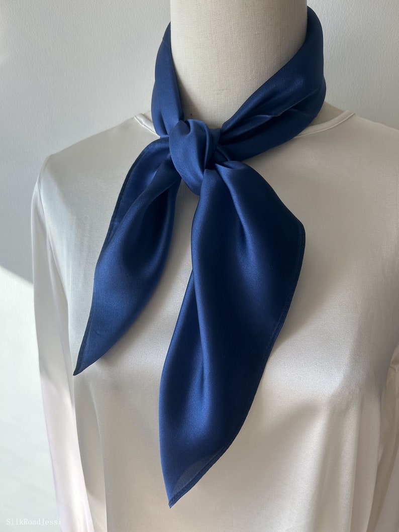 Pure Natural Mulberry Silk Scarf 26' x 26 Medium Dark Blue Plain Silk Neckerchief Hair Scarf Silk Scarf Gift Fashion Scarf for Her Him image 1