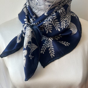 Mulberry Silk Scarf: Navy Blue Floral Sketch, 35&quot; Square