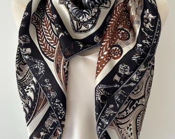 Large Mulberry Silk Scarf: Art Symbols Print, Brown Beige Black 43
