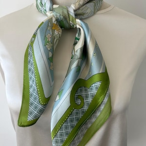 Mulberry Silk Square Scarf: West Lake Scenery, Green & Blue (26&quot; x 26&quot;)