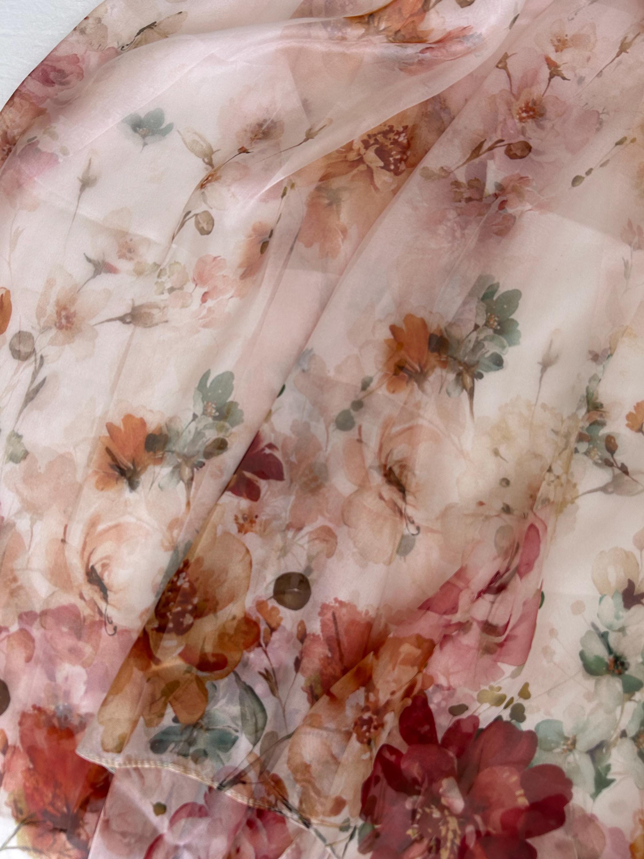 Floral Silk Chiffon Scarf: Pink Summer Garden Shawl 69