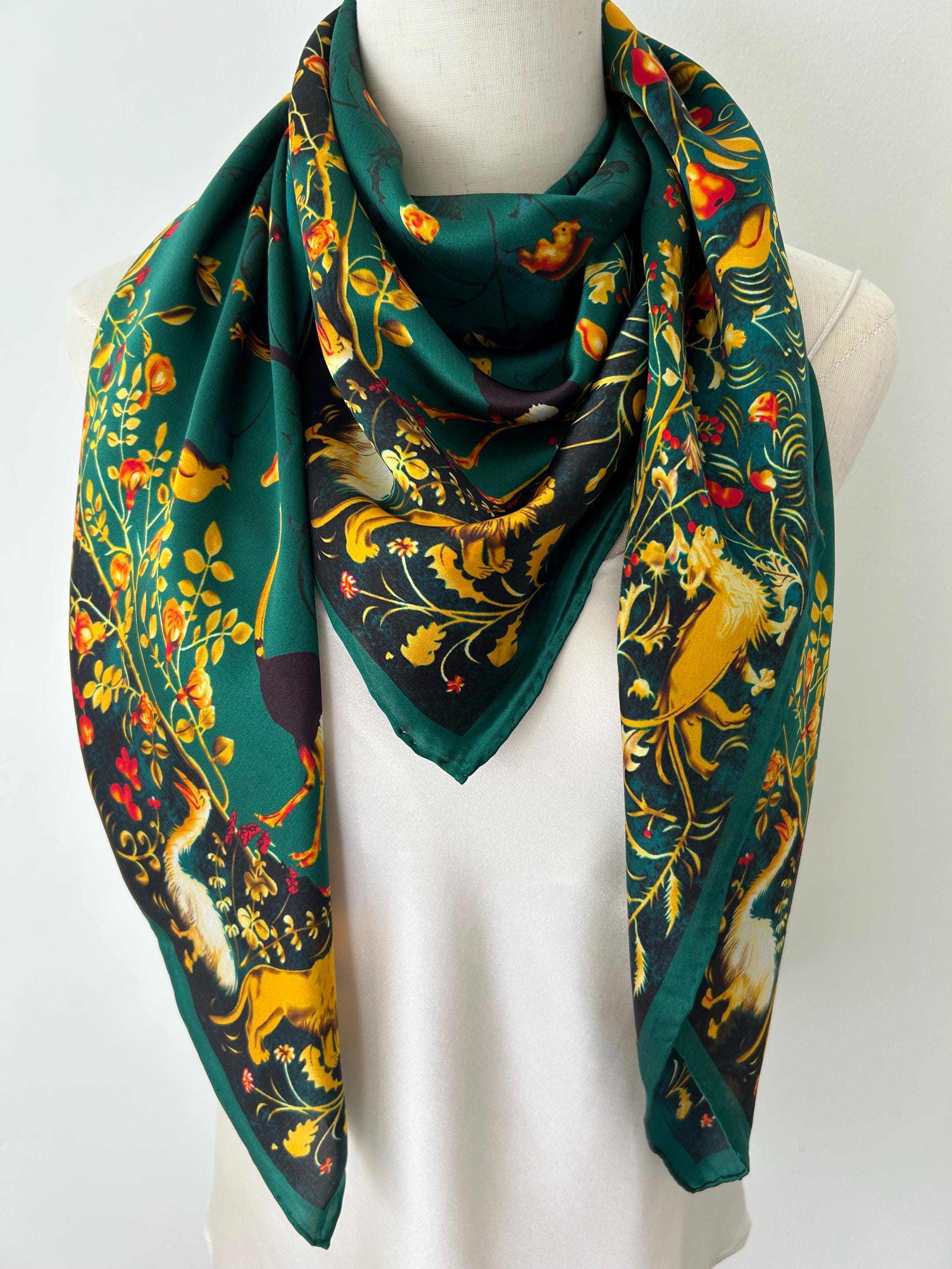 Mulberry Silk Scarf: Emerald Green Forest Animal Print, 43