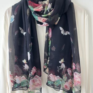 Mulberry Silk Chiffon Large Long Chiffon Scarf 69&quot; x 43&quot; Light Weight Black Floral Print Chiffon Shawl  ral Neck Scarf Large Chiffon Shawl
