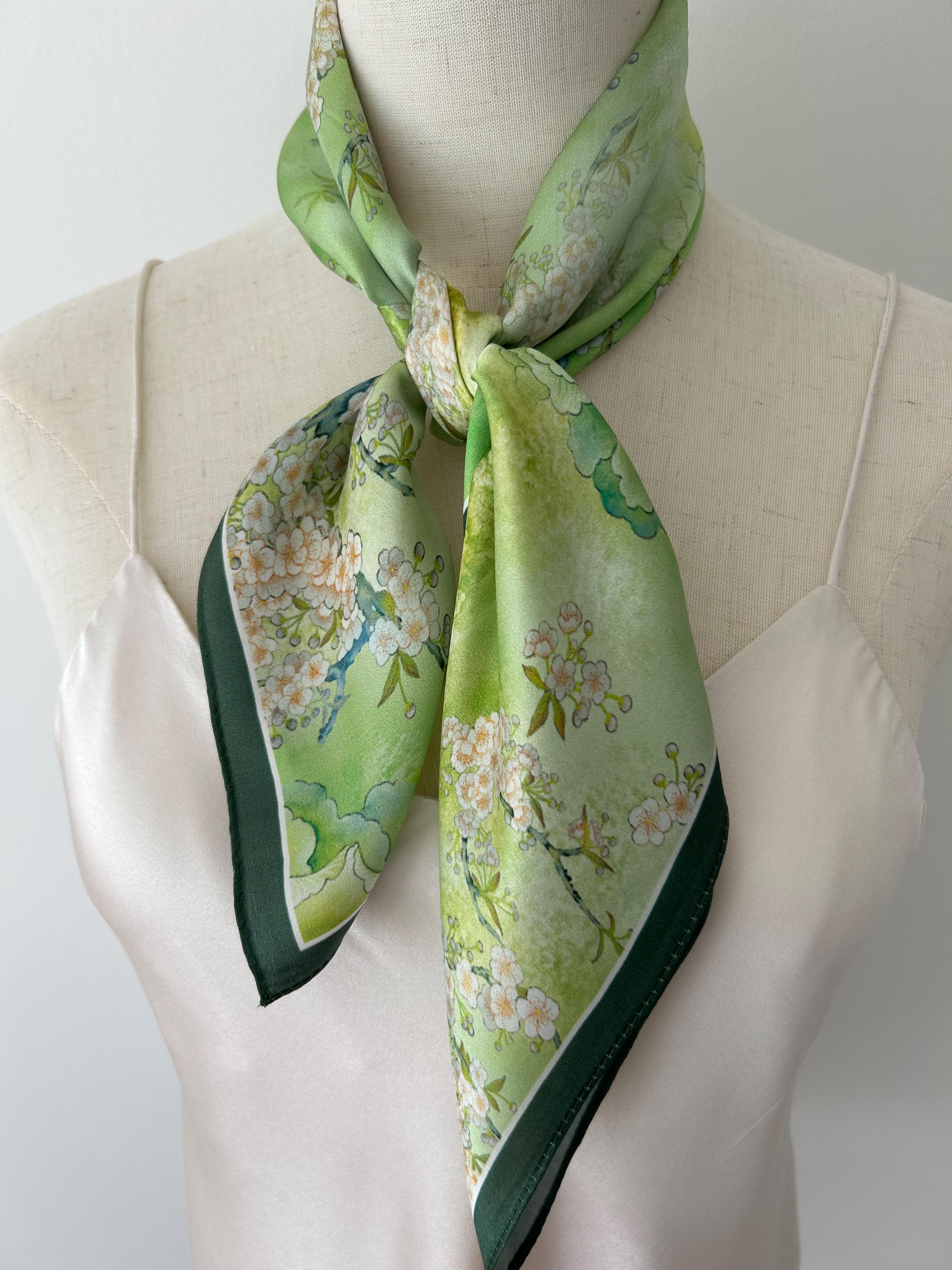 Mulberry Silk Scarf: Green Floral Garden Print, 26" Square