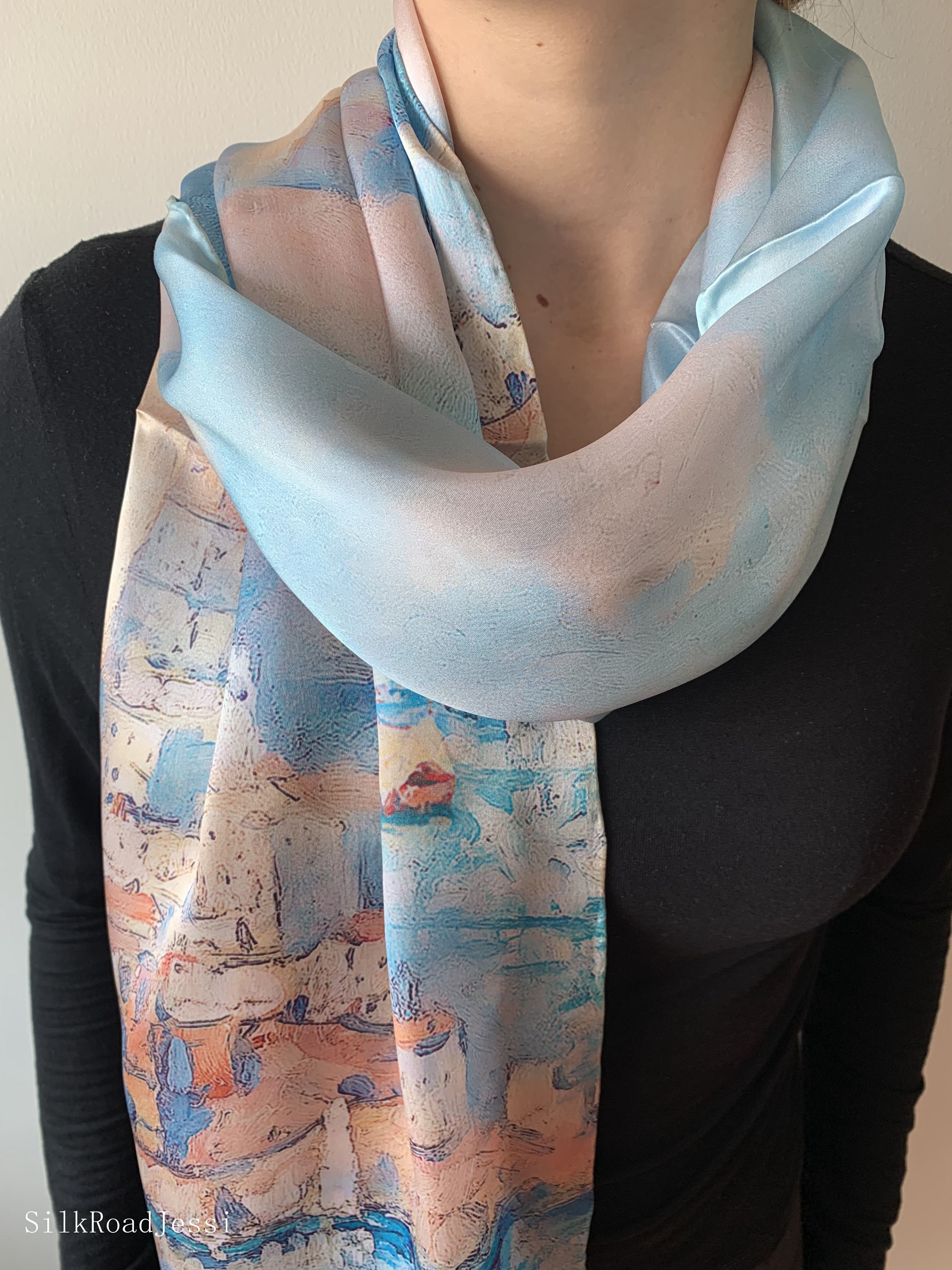Mulberry Silk Scarf: Ocean Scenery Painting, Light Blue  display picture 1