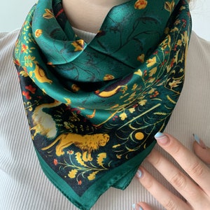 Mulberry Silk Scarf: Forest Festival Green Animal Print (26&quot; x 26&quot;)
