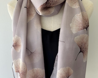 Mulberry Silk Scarf: Light Mauve Autumn Print, Hand-Rolled, Purple Brown