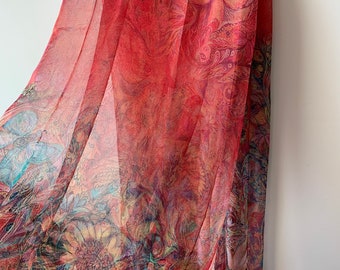 100% Natural Mulberry Silk Chiffon 71" x 43" Large Long Silk Scarf Vibrant Fire Phoenix Silk Chiffon Neck Scarf Red Large Silk Shawl Gift