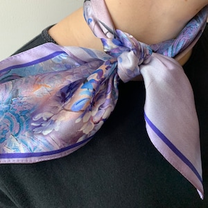 Pure Natural Mulberry Silk Small Scarf 21" x 21" Wisteria Printed Lavender Purple Gradient Silk Neckerchief Hair Scarf Bag Silk Scarf Gift