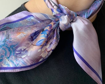 Pure Natural Mulberry Silk Small Scarf 21" x 21" Wisteria Printed Lavender Purple Gradient Silk Neckerchief Hair Scarf Bag Silk Scarf Gift