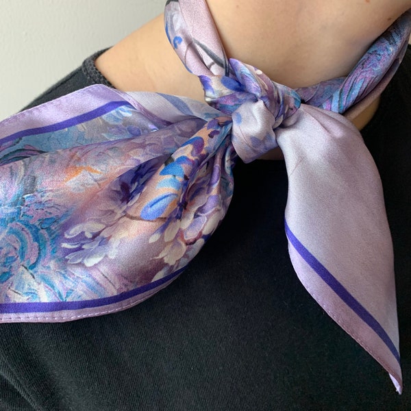 Pure Natural Mulberry Silk Small Scarf 21" x 21" Wisteria Printed Lavender Purple Gradient Silk Neckerchief Hair Scarf Bag Silk Scarf Gift