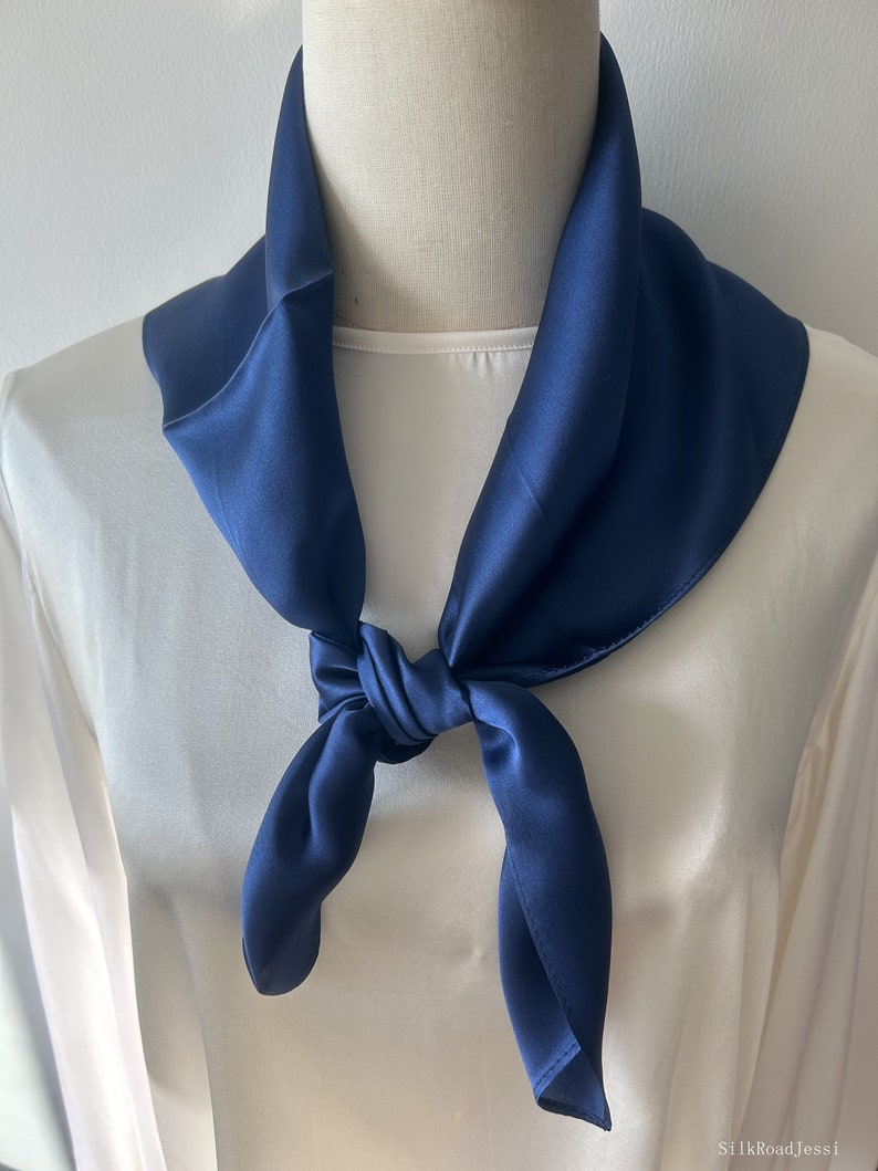 Pure Natural Mulberry Silk Scarf 26' x 26 Medium Dark Blue Plain Silk Neckerchief Hair Scarf Silk Scarf Gift Fashion Scarf for Her Him image 3