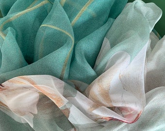 Mulberry Silk Chiffon Scarf: Teal, Pink & White Tulips (71x43")