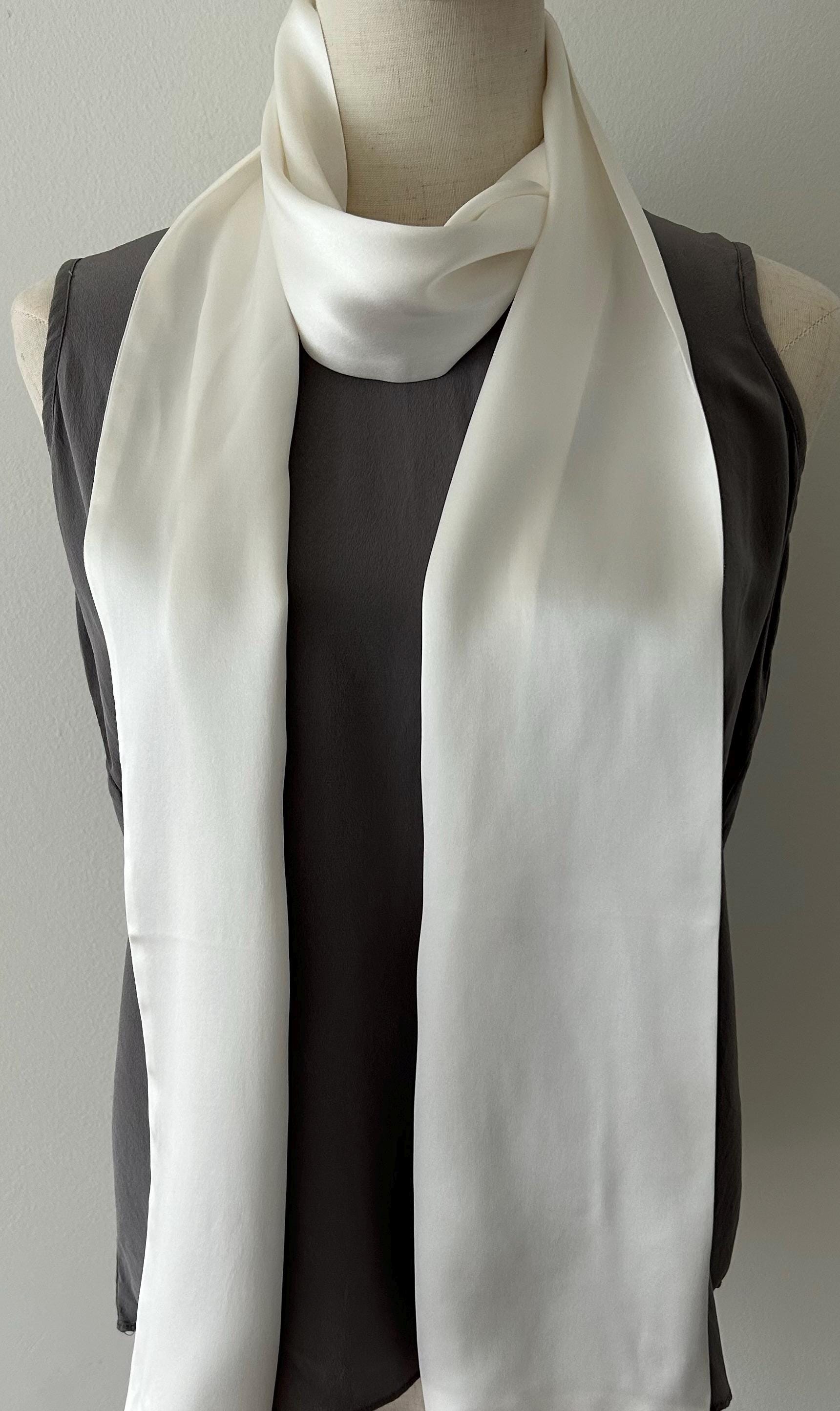 Ivory White Mulberry Silk Scarf, Skinny Neck Scarf 60 display picture 3