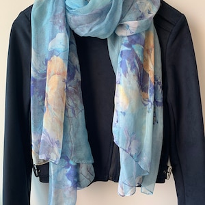 100% Natural Mulberry Silk Chiffon Scarf Blue Long Silk Shawl 71&quot; x 43&quot; Peonies Floral Silk Neck Scarf Light Weight Blue Silk Shawl