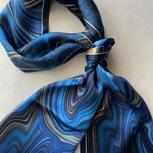 Pure Natural Mulberry Silk 58" x 6.3" Narrow Long Scarf Blue Golden "Magic Waves" Silk Neck Scarf Silk Hair Scarf Blue Silk Scarf Gift