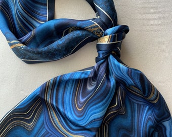 Pure Natural Mulberry Silk 58" x 6.3" Narrow Long Scarf Blue Golden "Magic Waves" Silk Neck Scarf Silk Hair Scarf Blue Silk Scarf Gift