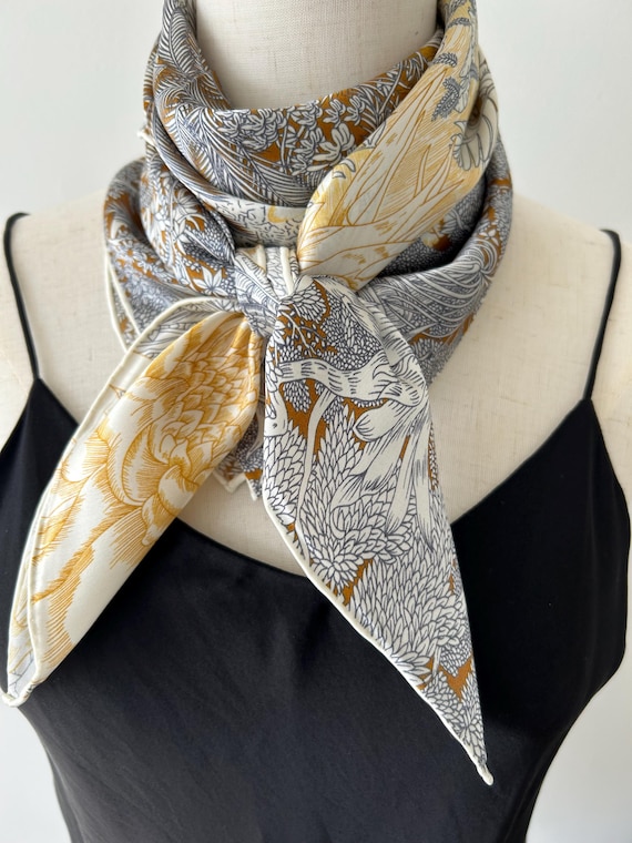 Mulberry Silk Scarf: Gold Beige Forest Print (35”x35”) - Etsy display picture 1