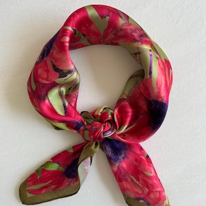 Floral Mulberry Silk Scarf, Fuchsia Pink Neckerchief (21"x21")