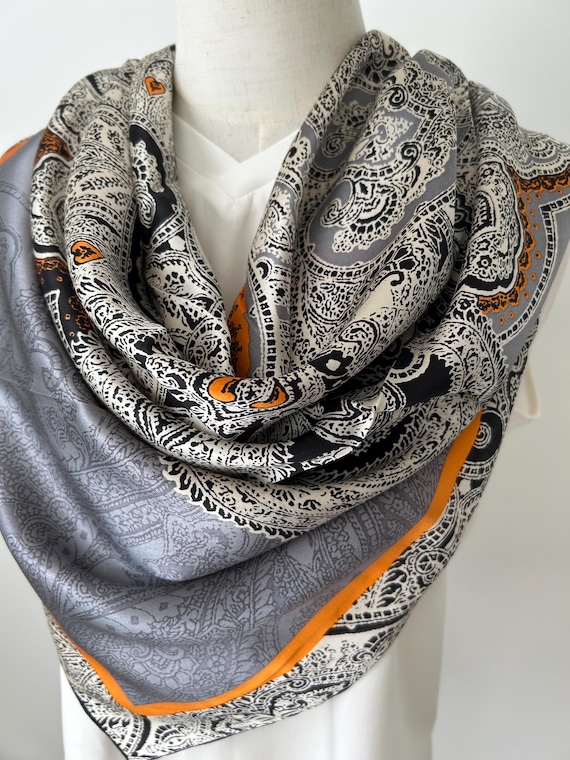 小物 Hand Printed Silk Scarf - grey Mulberry Silk Scarf: Orange Gray Print, Large Square Shawl 43