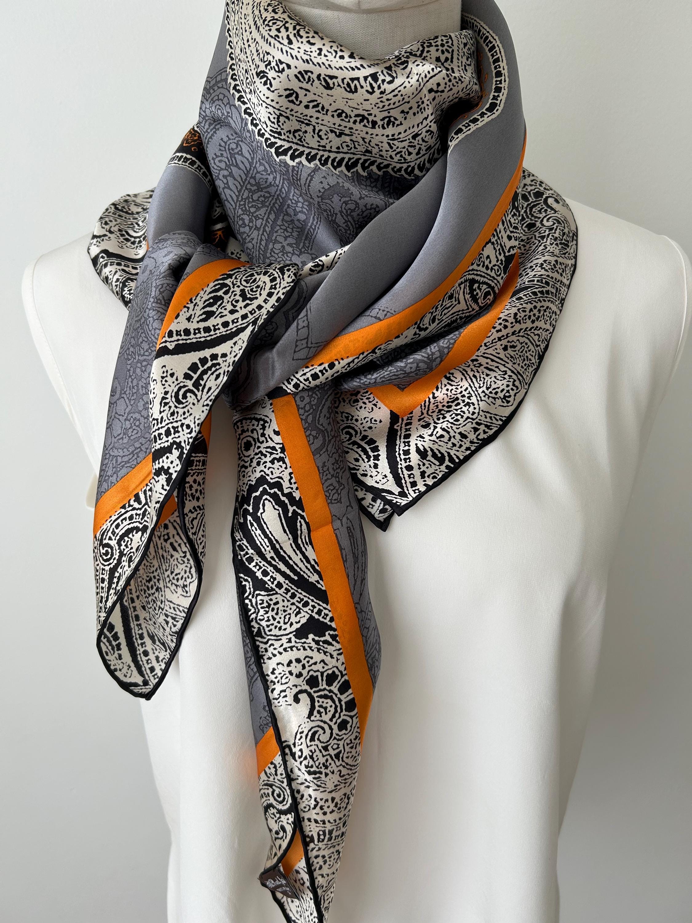 Mulberry Silk Scarf: Orange Gray Print, Large Square Shawl 43