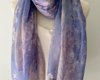 Mulberry Silk Chiffon Scarf: Lavender Garden Floral Print Shawl 69”x43”