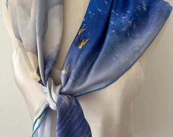 Mulberry Silk Scarf: Blue Scenery Print, Hand-Rolled Edges (35" x 35")