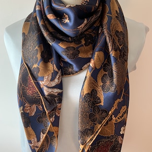 100% Natural Mulberry Silk Scarf 43&quot; x 43&quot;Large Square Art Scarf Oriental Floral Birds Navy Rose Gold Neck Scarf Hair Wrap Head Scarf Gift